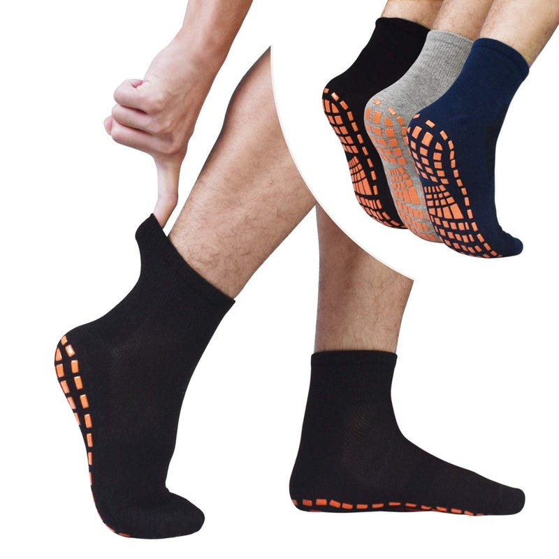 [Australia - AusPower] - Non Slip Socks for Men House Socks with Grips 3 Pairs Anti-Skid Yoga Pilates Floors Hospital Slipper Socks Gift for Men 01 Black+gray+navy Blue 10-13 