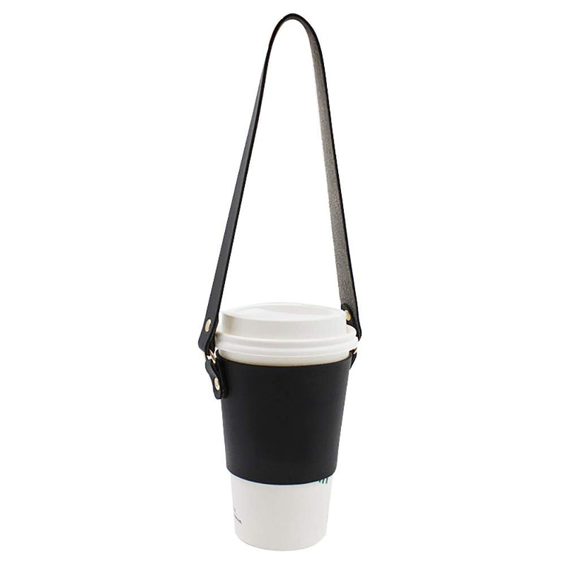 [Australia - AusPower] - PU Leather Drink Holder with Handle Tie Reusable Takeout Coffee Carrier Environmental Friendly Portable Drink Carrier for Coffee, Bubble Tea (Black) Black 