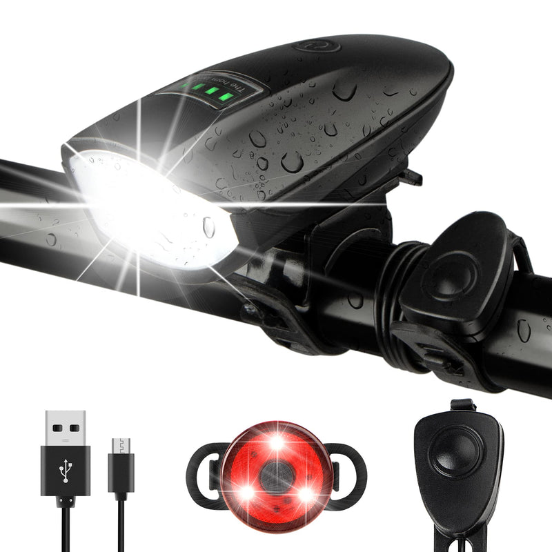 [Australia - AusPower] - Bike Lights Set with Horn 1400LM USB Rechargeable Bicycle Headlight & Tail Light & Horn Waterproof 3 Lighting Modes Fits Bicycles for Road and Mountain Black 