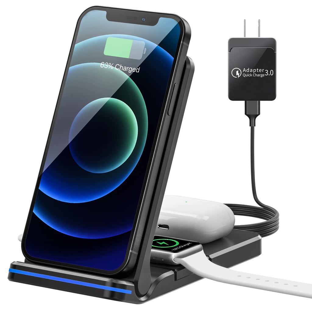 [Australia - AusPower] - Wireless Charger 3 in 1 Wireless Charging Station Qi Fast Charger Stand for iPhone 13/12/11/Pro/Max/XR/XS/XS Max/X /8/8 Plus, Apple Watch, Airpods 2/Pro, Samsung Galaxy Phone with 18W Adapter, Black 