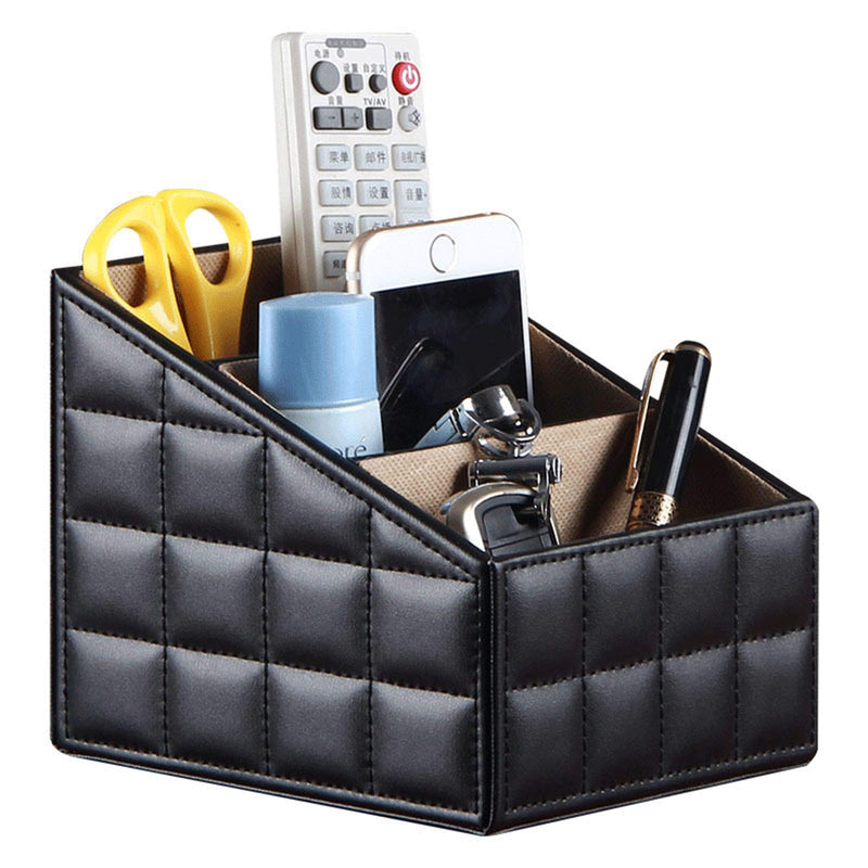 [Australia - AusPower] - RHCSZ Fashionable PU Leather TV Remote Control Holder with 3 Compartments, Storage Rack, Storage Box, Media Accessory Storage, Desk Organizers (Blakc ge) 