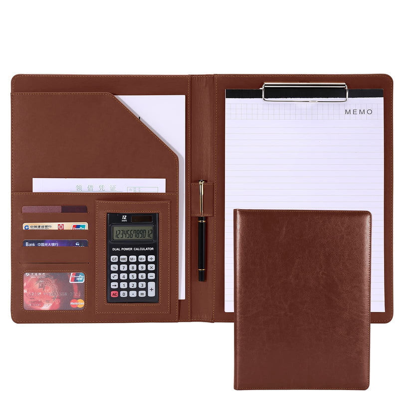 [Australia - AusPower] - Handsome Leather Business Portfolio Folder,Resume Folder-Interview/Legal Document Organizer & Business Card Holder - with Letter Writing Pad,A4 Binder & Office Conference Notepad Clip Boards, Brown 