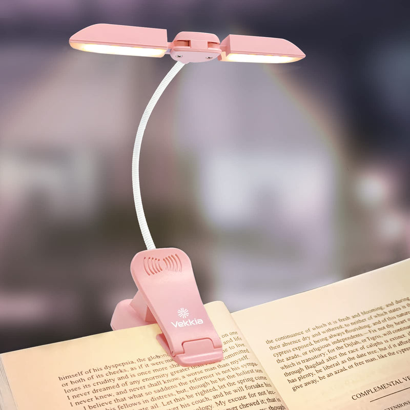 [Australia - AusPower] - Vekkia 14 LED Rechargeable Book-Light for Reading at Night in Bed, Warm/White Reading Light with Clamp, 180° Adjustable Mini Clip on Light, Lightweight Eye Care Book Light Perfect for Readers & Kids Pink 