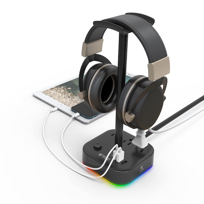 [Australia - AusPower] - TROND Headset Holder Headphone Stand with USB Charger & Power Strip 2 in 1, RGB Earphone Hanger Accessories 3 USB Charging Port, 3 AC Outlet for Desk Gaming, Desktop, DJ (Black) 