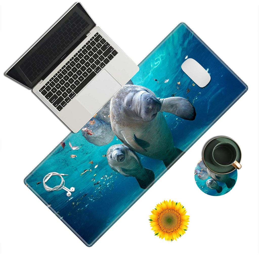 [Australia - AusPower] - Large Gaming Mouse Pad, Blue Sea World Manatees Desk Pad, Big Extended Mouse Mat Keyboard Pad with Stitched Edge for Laptop Computer Game Office Home Desk Decor (with Coaster & Sticker) 