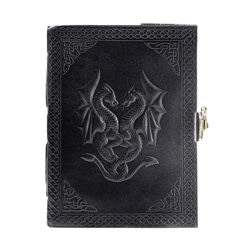[Australia - AusPower] - Handmade Leather Double Dragon Journal/Writing Notebook Diary/Bound Daily Notepad for Men & Women Unlined Paper Medium, Writing pad Gift for Artist, Sketch (7 X 5, Black) 7 X 5 