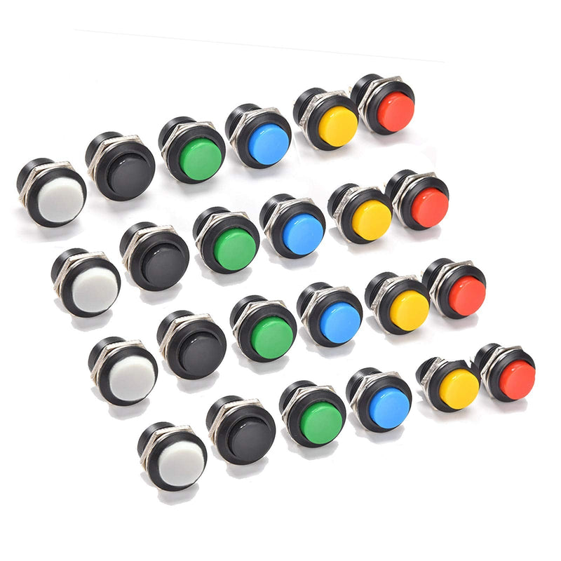 [Australia - AusPower] - 24Pcs 16MM Momentary Push Button on Off Switch Assorted Red Green Yellow Blue White Black,3A 250V AC 2-Pin Self-Resetting Mini Round Switch 