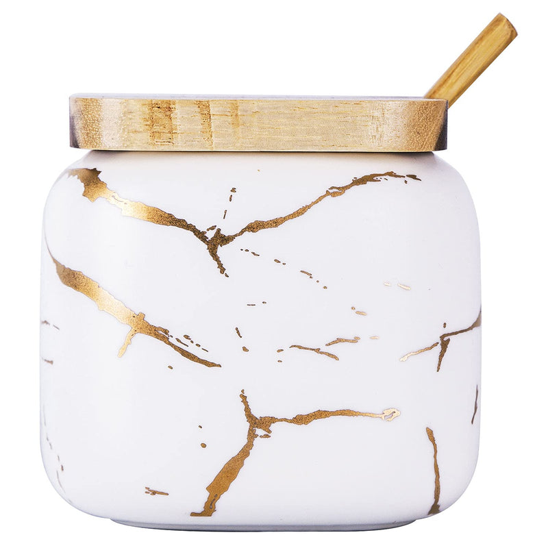 [Australia - AusPower] - VanEnjoy Decorative Marble Inlay Glaze Ceramic Sugar Spice Containers Porcelain Jar with Bamboo Lid and Spoon Condiment Jar for Home White 