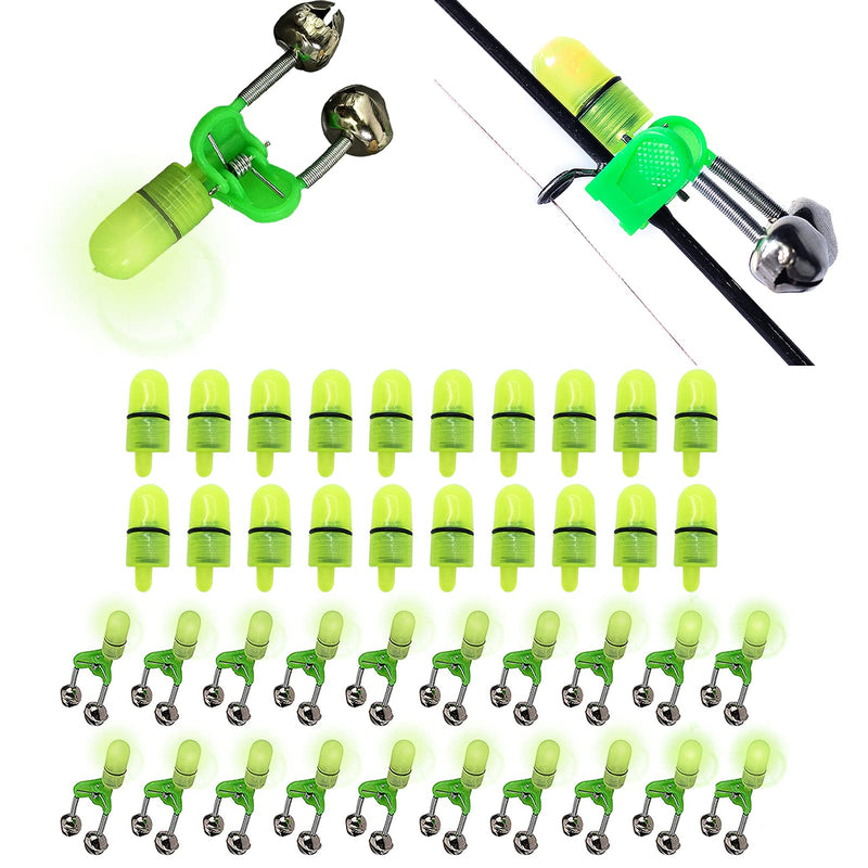 [Australia - AusPower] - GRANDBUY Fishing Bells Clips with LED Light Night Sea Fishing Rod LED Light Clip with Twin Bells Ring Fishing Bite Alarm Indicator On Fishing Rod 20 Pcs Fishing Bells & 20 Pcs Replacement Bulb 