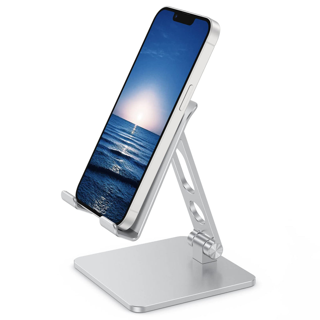 [Australia - AusPower] - apiker Phone Stand for Desk, Foldable Adjustable Aluminum Desktop Cell Phone Holder Dock Cradle Compatible with iPhone 13/12/11/ Pro Max/SE/XR/XS and All Smart Phones, Tablets(up to 11”), Silver 