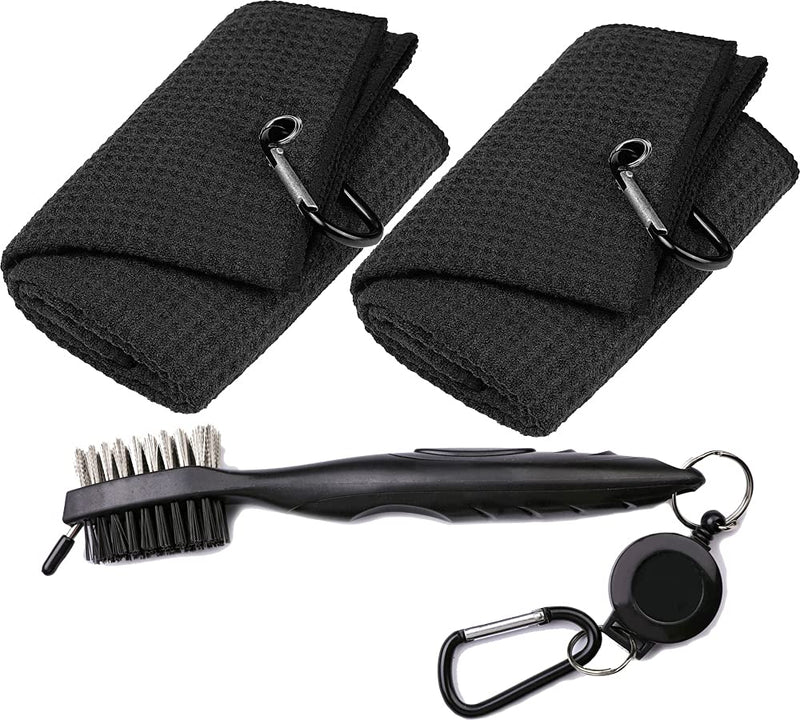 [Australia - AusPower] - Aebor Golf Towels, Microfiber Waffle Pattern Tri-fold Golf Towel - Brush Tool Kit with Club Groove Cleaner, with Clip Men Women Golf Gifts and Golf Accessories (2 Black Towel+Black Brush) 2 Black Towel+black Brush 