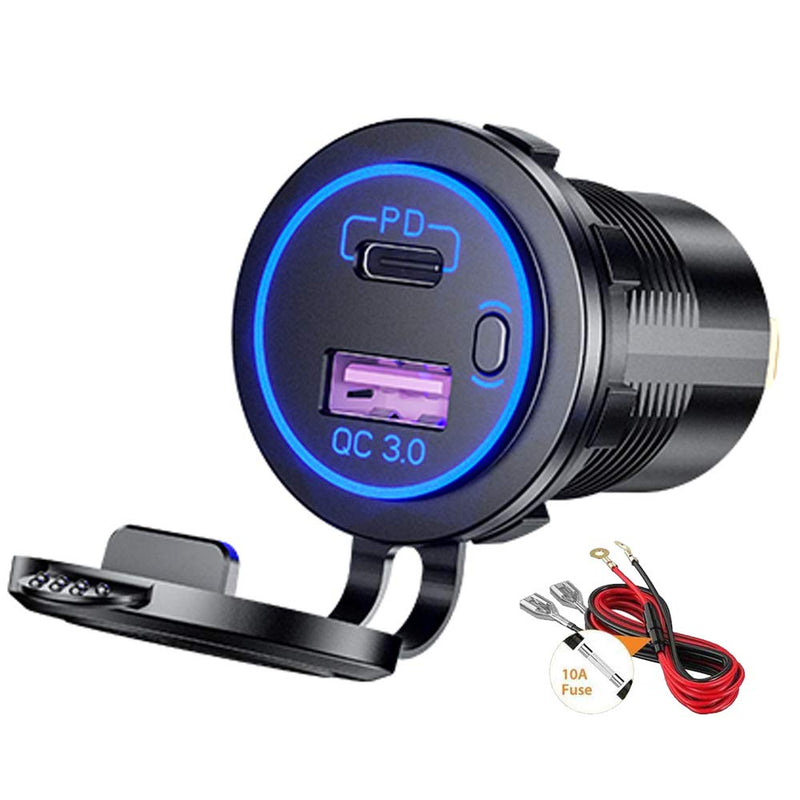 [Australia - AusPower] - PD Type C USB Car Charger Socket and QC 3.0 Quick Charger 12V/24V Car Power Outlet Socket with ON/Off Switch Waterproof Power Delivery for Motorcycle Marine Boat RV ATV Blue 