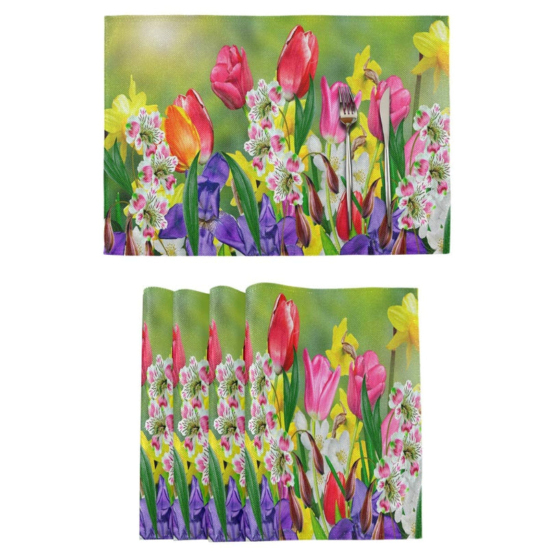 [Australia - AusPower] - Vdsrup Spring Tulips Flowers Placemats Set of 4 Summer Daffodils Daisy Florals Table Mats Burlap Placemat Washable Non-Slip Heat Resistant Place Mats for Party Kitchen Dining Decorations 12 X 18 Inch 4PCS 