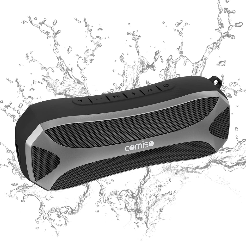[Australia - AusPower] - COMISO Portable Bluetooth Speakers, Waterproof IPX7 Outdoor Speaker with Light, 20W Loud Sound Powerful Bass, Dual Stereo Pairing, Handsfree Call Bluetooth 5.0 24 Hours for Beach Pool Camping Black 
