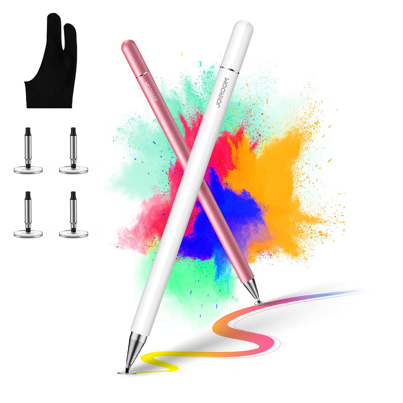 [Australia - AusPower] - [2 Pcs] joyroom Stylus Pen for Touch Screen, Universal iPad Pencil for Kid Student Drawing, Writing, with Artist Glove(Palm Rejection), for Apple/iPhone/iPad Pro/Mini/Air/Android/Samsung/Surface White&Pink 