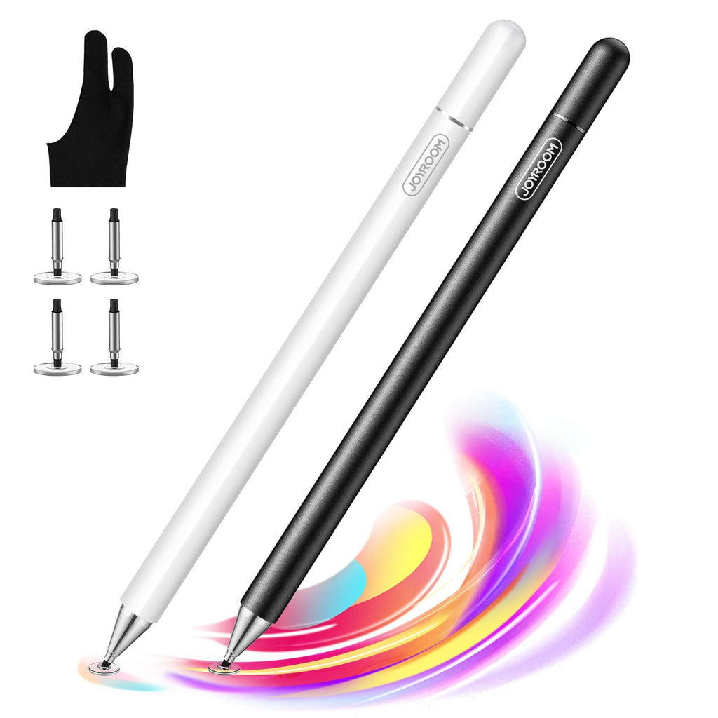 [Australia - AusPower] - [2 Pcs] joyroom Stylus Pen for Touch Screen, Universal iPad Pencil for Kid Student Drawing, Writing, with Artist Glove(Palm Rejection), for Apple/iPhone/iPad Pro/Mini/Air/Android/Samsung/Surface Black&White 