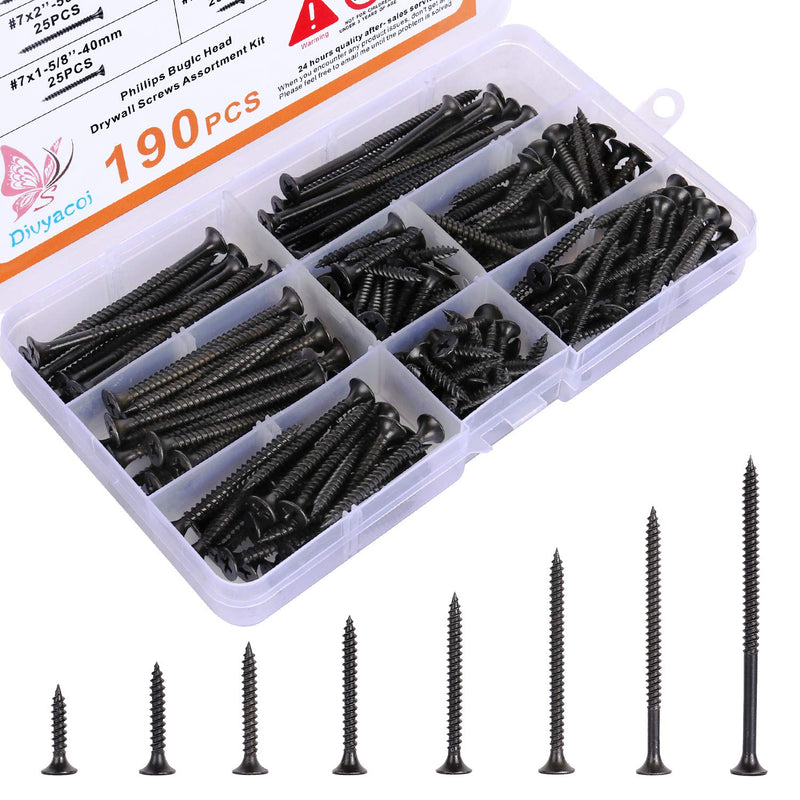 [Australia - AusPower] - 190PCS Premium Drywall Screws, Quality Black Steel #7 Sharp Point Self Tapping Screws with Phillips Drive, 8 Different Sizes Screws Assortment Set, Ideal Screw for Drywall Sheetrock, Wood and More 
