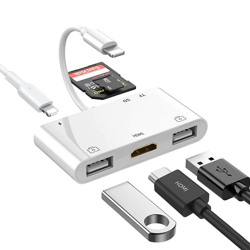 [Australia - AusPower] - Lightning Hub iPad Adapter, 6-in-1 Lightning to HDMI Digital AV Converter, TF & SD Card Reader, USB Camera Adapter, Power Delivery Compatible with iPhone, iPad and More USB Devices 