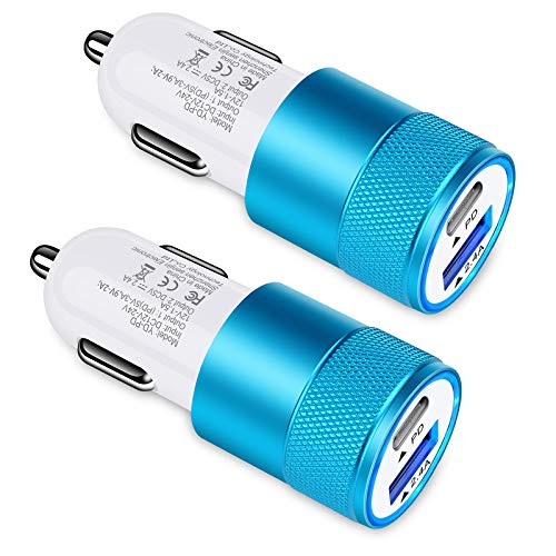 [Australia - AusPower] - 30W USB C Car Charger, [2Pack] 3.0 Fast Charge Dual Port USB Type C and 2.4a USB A Cargador Carro Lighter Adapter for iPhone,Tablet, iPad, Samsung Galaxy, LG, Google Pixel GPS, Z Play Droid, Motorola Blue 