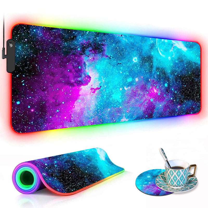 [Australia - AusPower] - RGB Gaming Mouse Pad with Coffee Coaster, XXL Large Glowing LED Mousepad, Anti-Slip Rubber Base, Computer Keyboard Desk Mouse Mat 31.5 X 11.8 Inch - Blue Galaxy Nebula Universe Space 