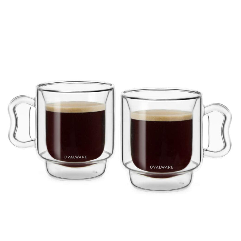 [Australia - AusPower] - OVALWARE RJ3 Espresso Coffee Glass Cups 4oz/120ml (Set of 2) Double Walled Glass Cup w/ Solid Butterfly Handle- Elegant Borosilicate Espresso Shot Mug - Stackable Insulated Transparent Demitasse Glass 2 Count (Pack of 1) 