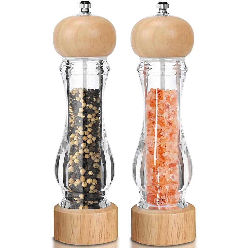 [Australia - AusPower] - Salt and Pepper Grinder Set of 2, Premium Acrylic Pepper Grinder, Pepper Mill and Wooden Salt Shakers with Adjustable Ceramic Core, 8-Inch Manual Spice Grinders Refillable Ideal for Pepper/Sea Salt Wood-Color 