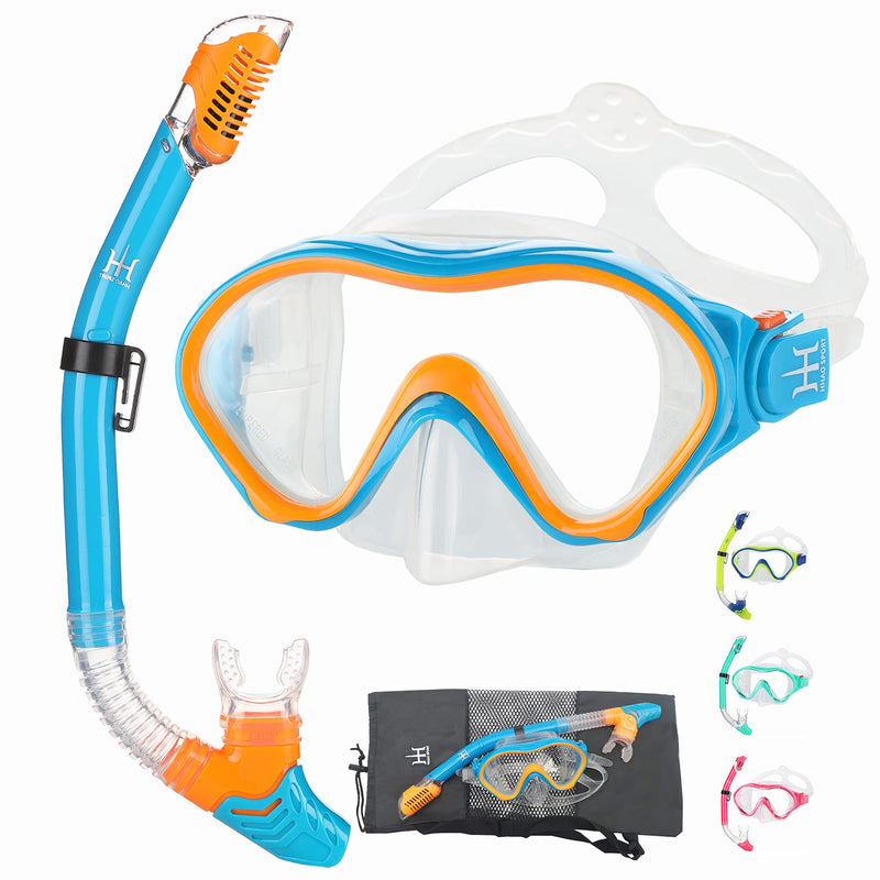 [Australia - AusPower] - Kids Snorkeling Gear Dry Snorkel HHAO Sport Kids Snorkel Set Junior Anti Fog 180° Panoramic View, Swim Goggles with Nose Cover Scuba Diving Mask for Boys Girls, 4-15 Yrs Old Blue-orange 
