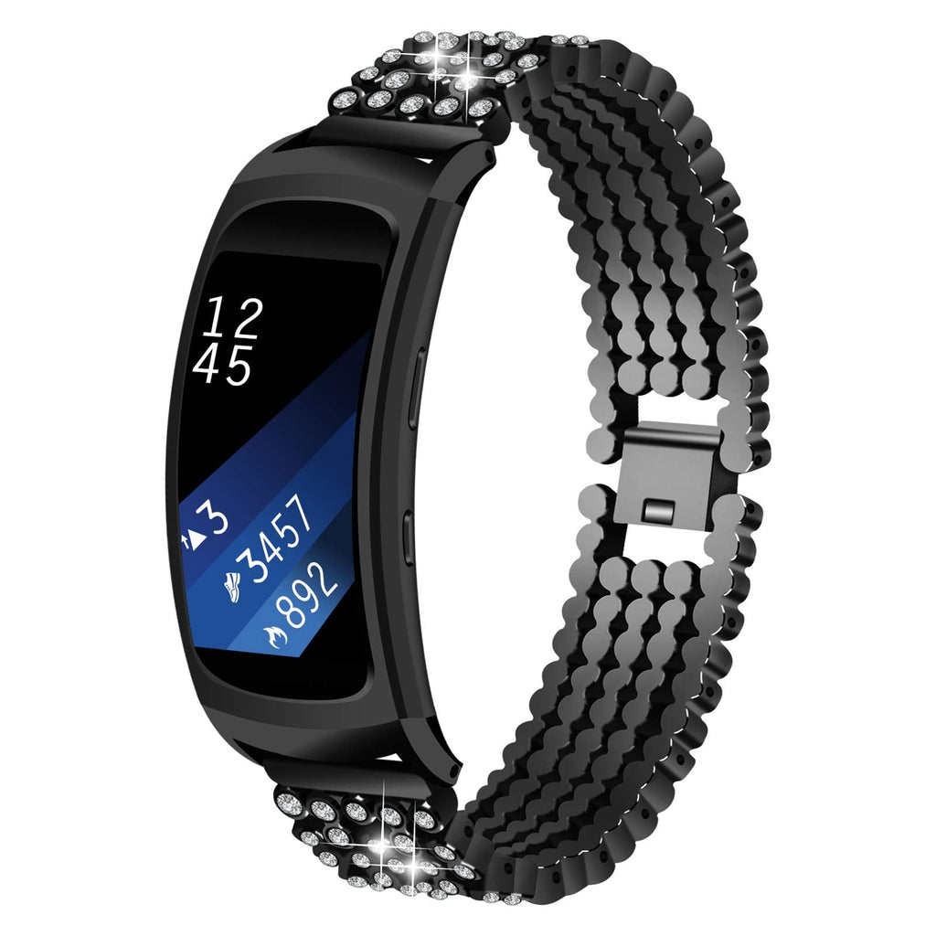 [Australia - AusPower] - Gear Fit 2 Metal Strap, TWBOCV Metal Rhinestone Band Replacement Strap Stainless Steel Watchband Diamond Bling Bracelet Compatible with Samsung Gear Fit 2/Fit 2 Pro R360/R365 Smartwatch (Black) Black 
