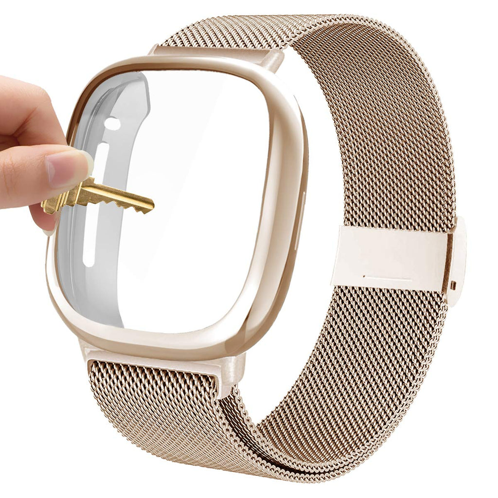 [Australia - AusPower] - Maxjoy Compatible with Fitbit Sense/ Versa 3 Bands, Versa3 Stainless Steel Metal Band Mesh Replacement Bracelet Wristband with Protective Case Compatible with Fitbit Sense/ Versa 3 Watch Champagne 