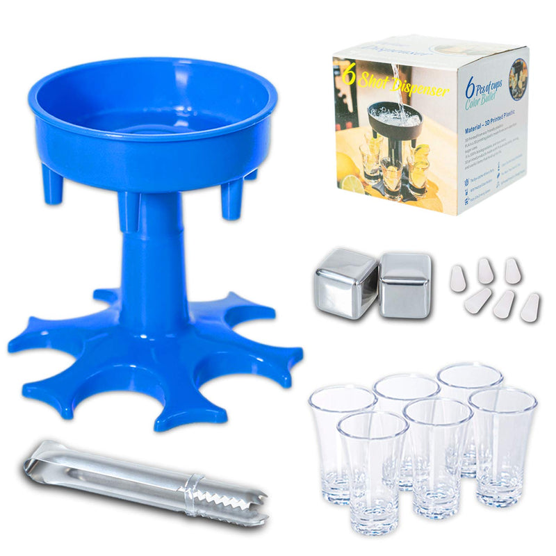 [Australia - AusPower] - 6 Shot Glass Dispenser for Liquor Bottles with 6 Glasses and Stainless Steel Chilling Whiskey Stones(4Pcs), Shot Buddy Dispenser with Silicone Plugs for Cocktail, Bar Game and Party Blue 