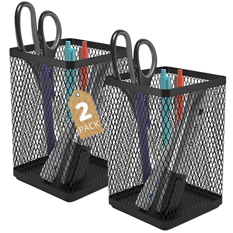 [Australia - AusPower] - 1InTheOffice Pencil Cups for Desk, Jumbo Pencil Holder, Stackable Wire Mesh Jumbo Pencil Holder, Matte Black 2 pack 