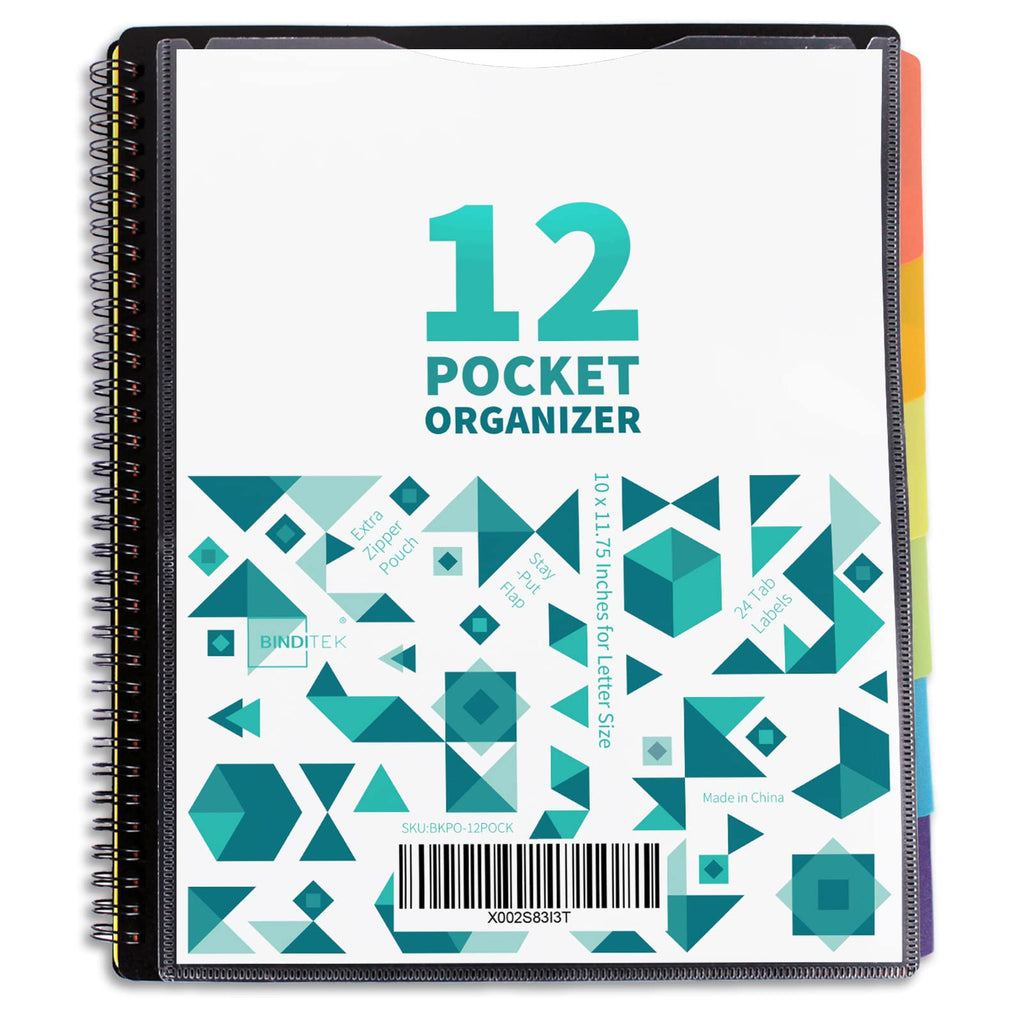 [Australia - AusPower] - Binditek 12 Pocket Poly Project Organizer with 6 Dividers, Folder Organizer Binder with Front Cover Pocket, Metal Wire Binding Spine, Letter Size 12 Pockets 