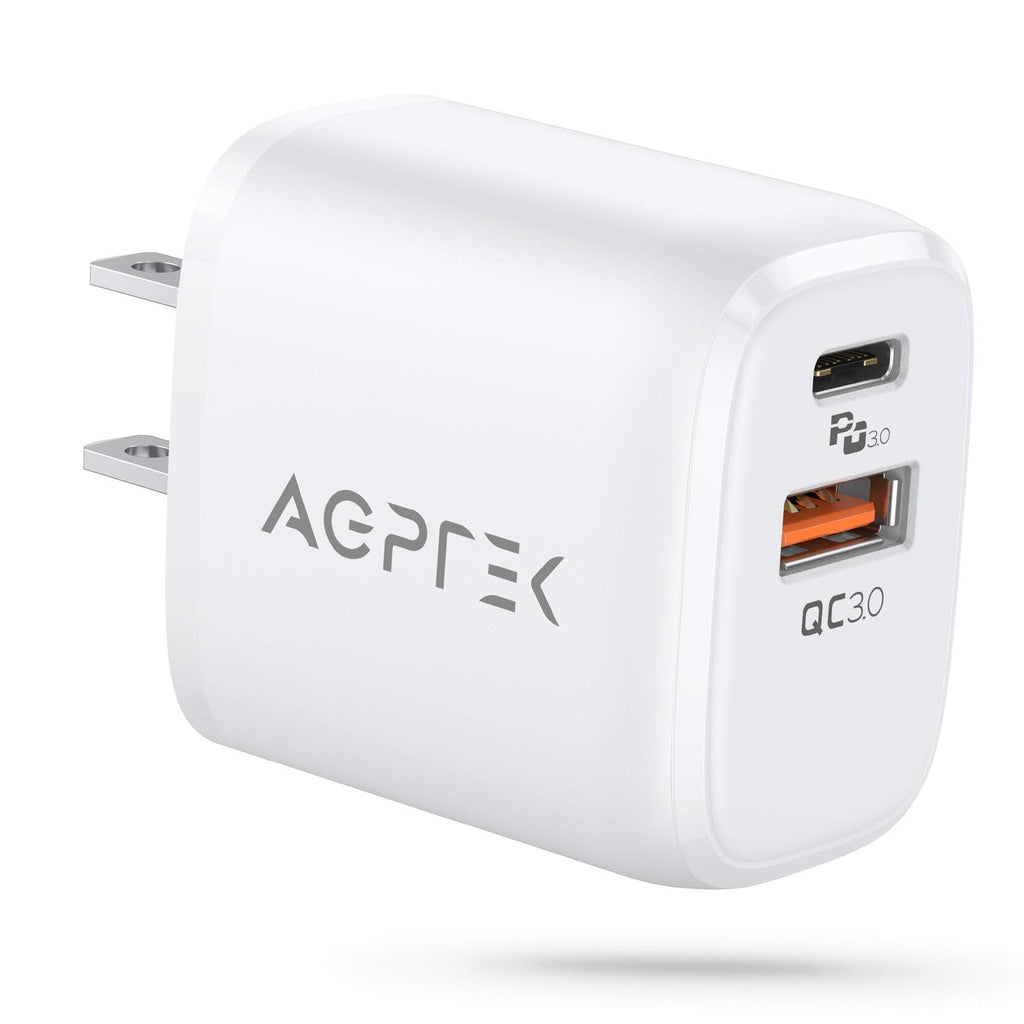 [Australia - AusPower] - USB C Wall Charger 20W, AGPTEK Dual Port PD Power Delivery + Quick Charge 3.0 Fast Charger Block Plug for iPhone 12/11 /Pro Max, XS/XR/X, 8/7/6, iPad Pro, AirPods Pro, Samsung Galaxy, Pixel (White) 
