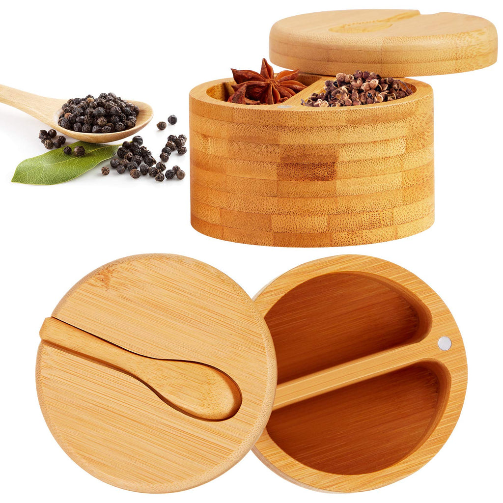 [Australia - AusPower] - Bamboo Salt Pepper Box Seasonings Salt Cellar Bamboo Sugar Box Pepper Spice Storage Containers with Magnetic Swivel Lids and Mini Bamboo Spoons for Kitchen Tool (1 Piece) 1 