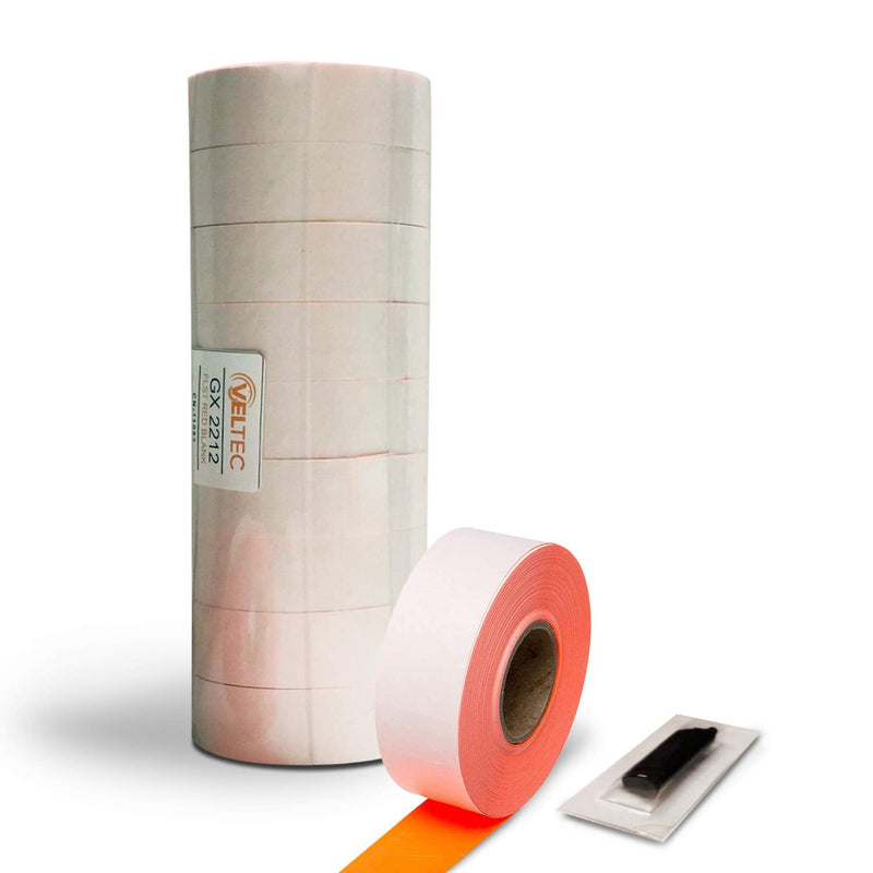 [Australia - AusPower] - Veltec 2212 Fluorescent Red Pricing Labels for Garvey and Contact 22-6, 22-7, 22-8 Price Gun/Labelers, Free Ink Roller – 9 Rolls, 11,000 Labels with Security Slits 