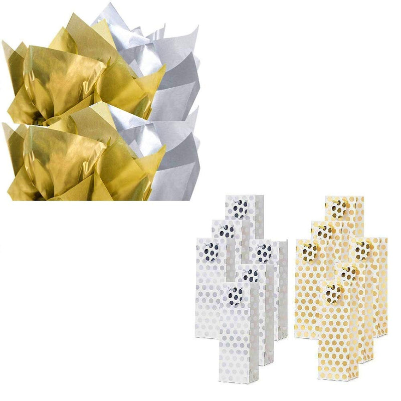 [Australia - AusPower] - UNIQOOO 12Pcs Metallic Gold Silver Polka Dots Wine Gift Bag w/Tag and 60 Sheets Metallic Gold & Silver Gift Tissue Paper Bundle 