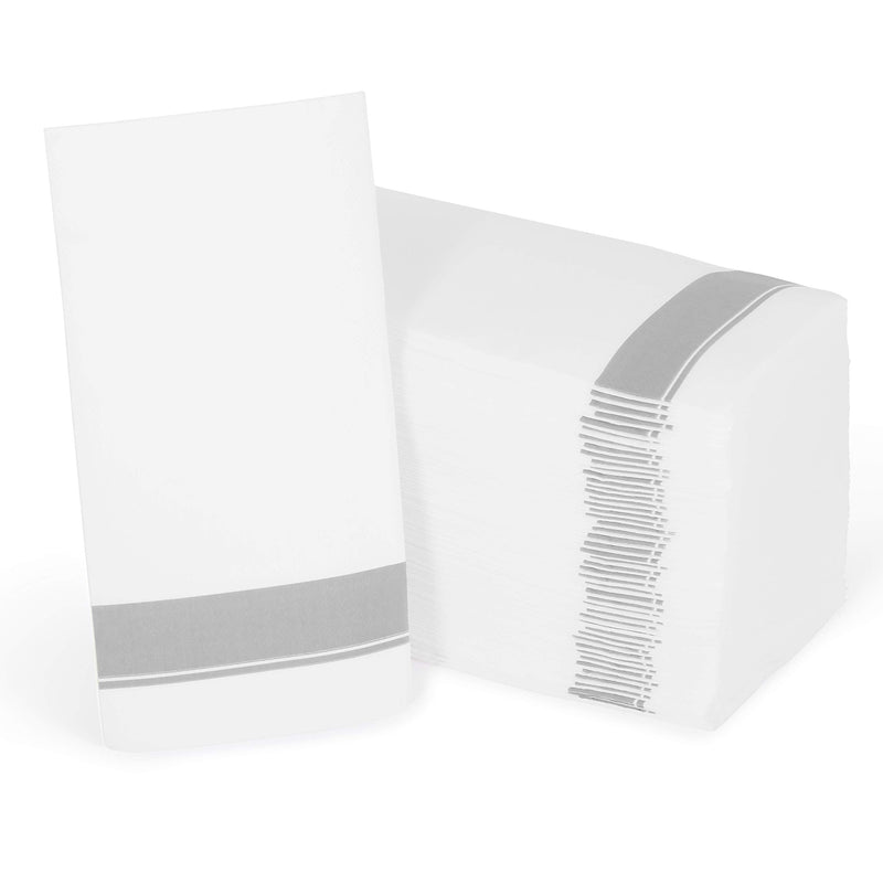 [Australia - AusPower] - [50 Count] Cloth Feel Guest Towels Dinner Napkins With Silver Design Disposable, Elegant, Soft, Absorbent, Quality, Bathroom Paper Hand Towels, Wedding, Party, Napkins 50 Silver Border 