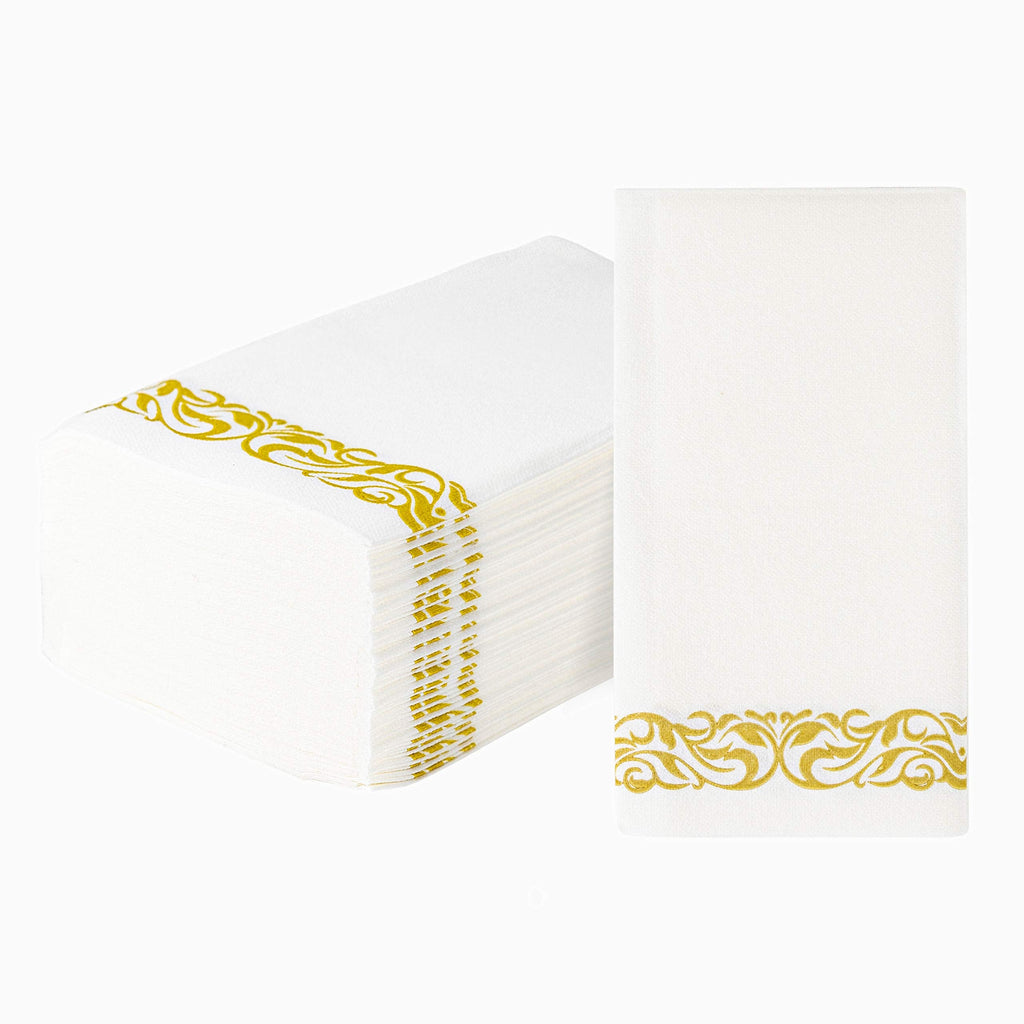 [Australia - AusPower] - [50 Count] Linnen like Guest Towels Dinner Napkins With Gold Design Cloth feel Disposable, Elegant, Soft, Absorbent, Quality, Bathroom Paper Hand Towels, Wedding, Party, Napkins 40 Gold Border 