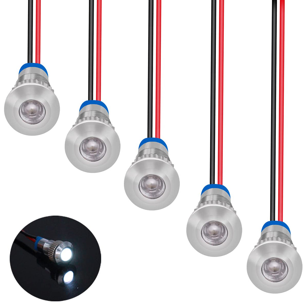 [Australia - AusPower] - smseace 5PCS White AC/DC12-24V LED Indicator Lights 5/16‘’(8mm) Waterproof Flat Head Indicator Signal Lamp with 150mm Cable Length Metal LED Indicator Light 