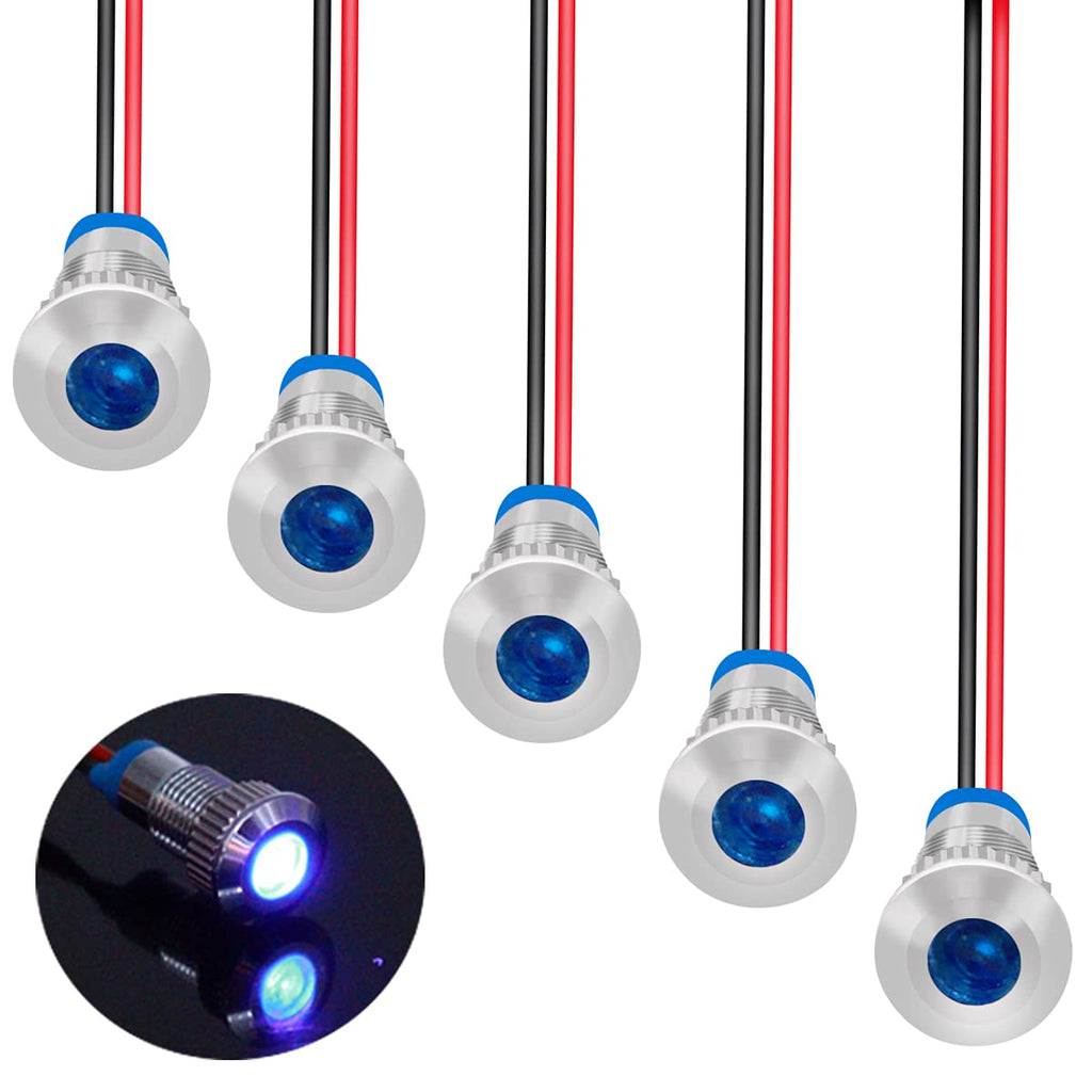 [Australia - AusPower] - smseace 5PCS Blue AC/DC12-24V LED Indicator Lights 5/16‘’(8mm) Waterproof Flat Head Indicator Signal Lamp with 150mm Cable Length Metal LED Indicator Light 