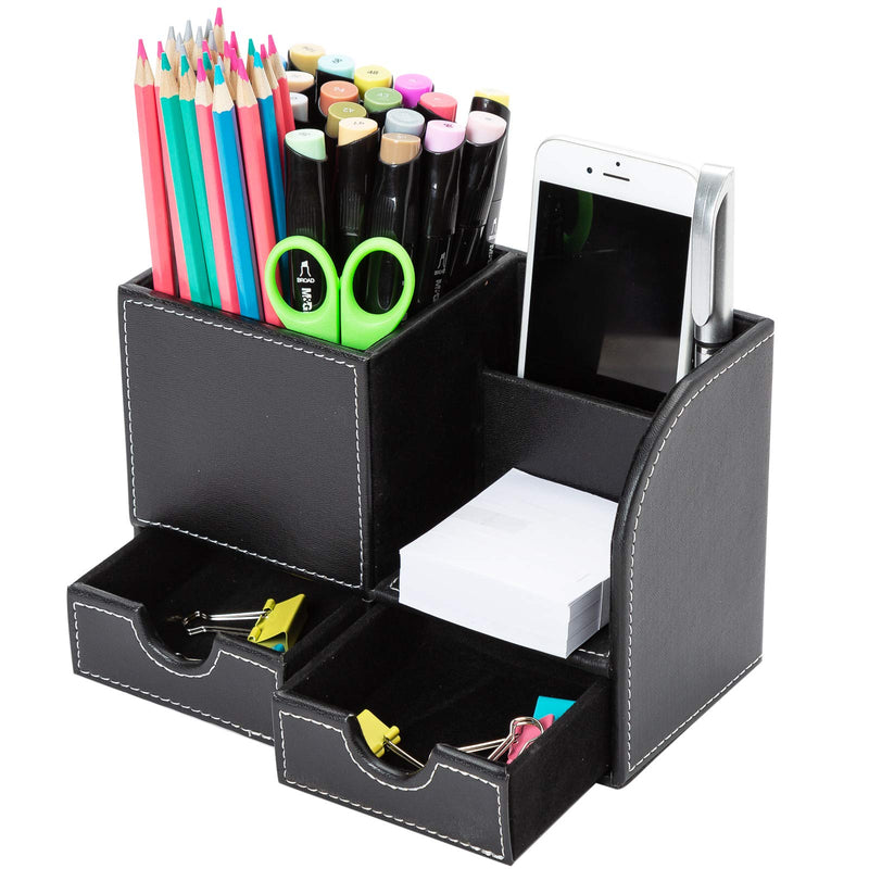 [Australia - AusPower] - Ctcwsh PU Leather Drawer Organizers ,Multi-Functional Desk Organizer Pen Pencil Holder Caddy Cup Cell Phone Business Name Cards Remote Control Holder , Office Home Storage Supplies Accessories black 