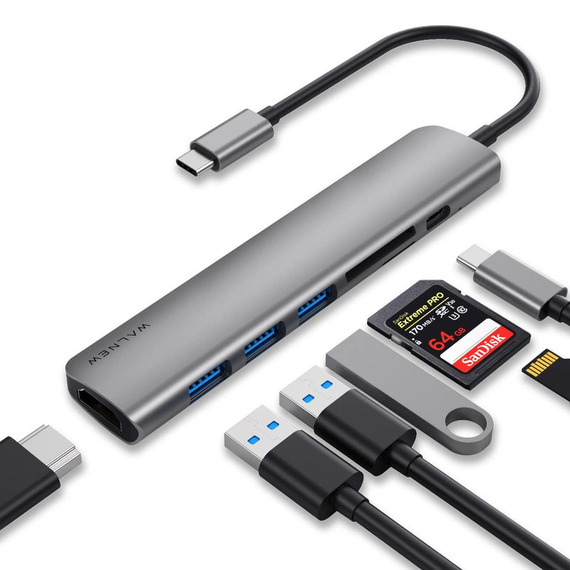 [Australia - AusPower] - WALNEW USB C Hub, MacBook Pro USB C Adapter, 7-in-1 Type C Hub with 4K USB-C to HDMI, 3 USB 3.0 Ports, SD/TF Card Reader, 100W PD Dock for MacBook Pro/Air(Thunderbolt 3)/ Type C Devices Gray 