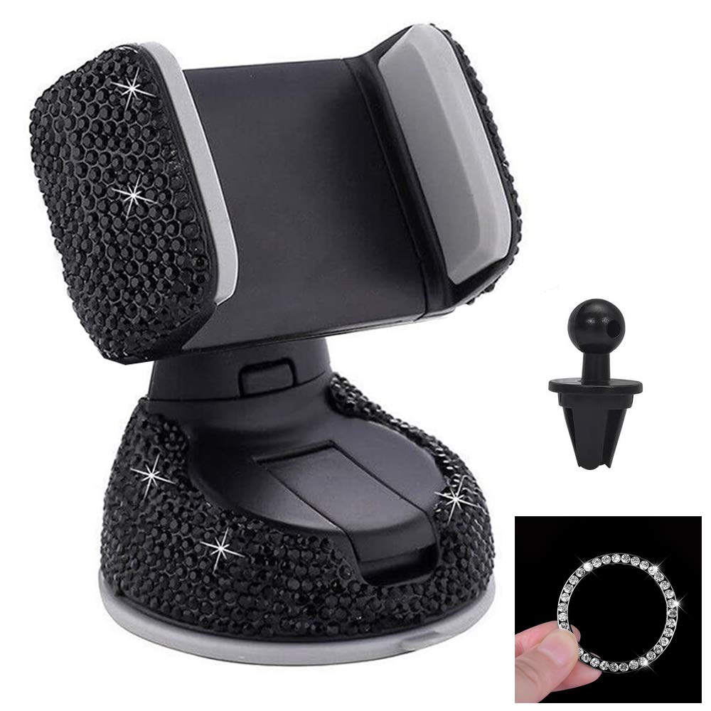 [Australia - AusPower] - Bling Phone Holder for Car Phone Mount Rhinestone Crystal Car Interior Decoration Universal Cell Phone Holder Clip with Air Vent Base and Ignition Button Decoration Circle (Black) Black 