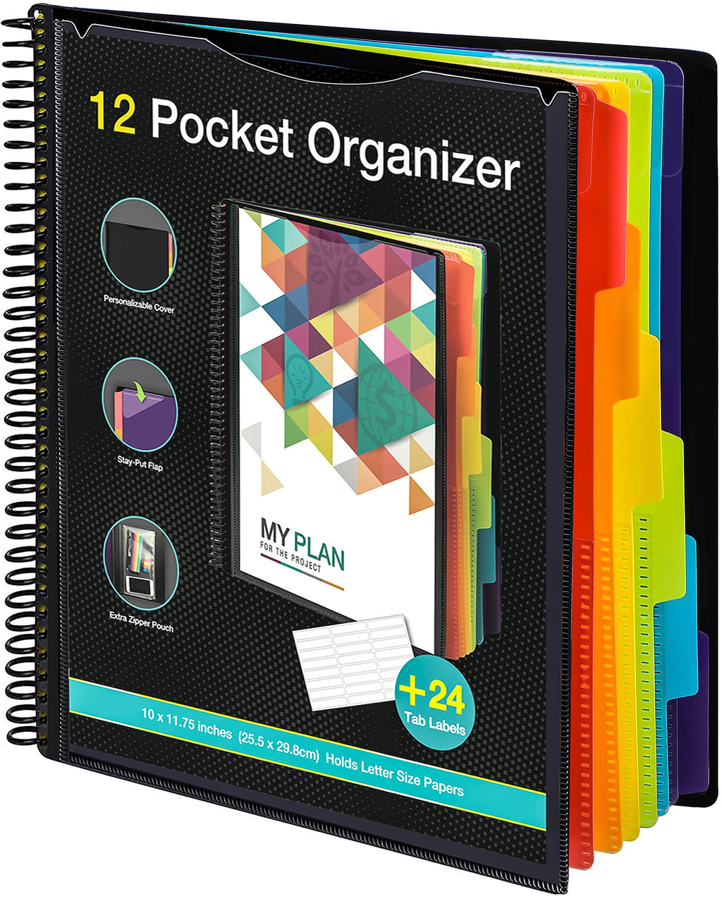 [Australia - AusPower] - KTRIO 12 Pocket Poly Project Organizer, Binder Organizer Spiral Project Folder Multi Pocket Folder Binder with Pockets Letter Size, Back Cover Utility Pouch, 6 Tab Color Dividers, School Supplies 