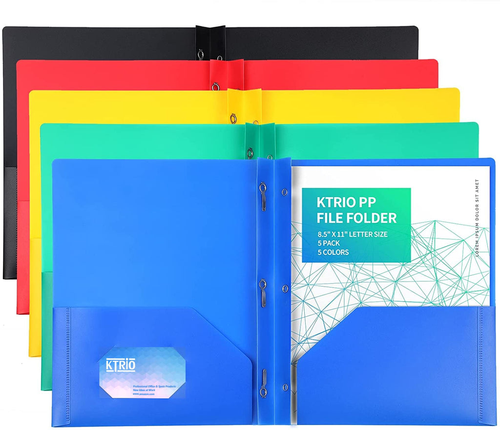 [Australia - AusPower] - KTRIO File Folders Pocket Folders with Prongs - (5 Pack, Assorted Colors) 2 Pocket 3 Prong Folders with Pockets and Fasteners Letter Size Colored Plastic Folders for School Office Home, Heavy Duty 