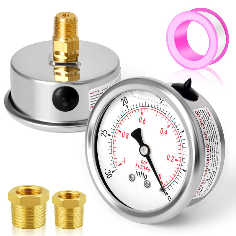 [Australia - AusPower] - MEANLIN MEASURE -30~0Psi Stainless Steel 1/4" NPT 2.5" FACE DIAL Vacuum Pressure Gauge ，Center Back Mount -30inHG-0 