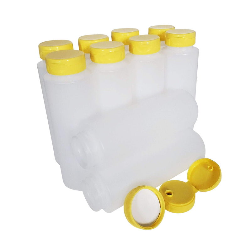 [Australia - AusPower] - kelkaa 8oz HDPE Plastic Squeeze Bottles with Wide Mouth Opening, Yellow Flip Top Caps for Condiments and Any Thick Liquid Products, Multi-Purpose Refillable Empty Bottles (Pack of 10) 