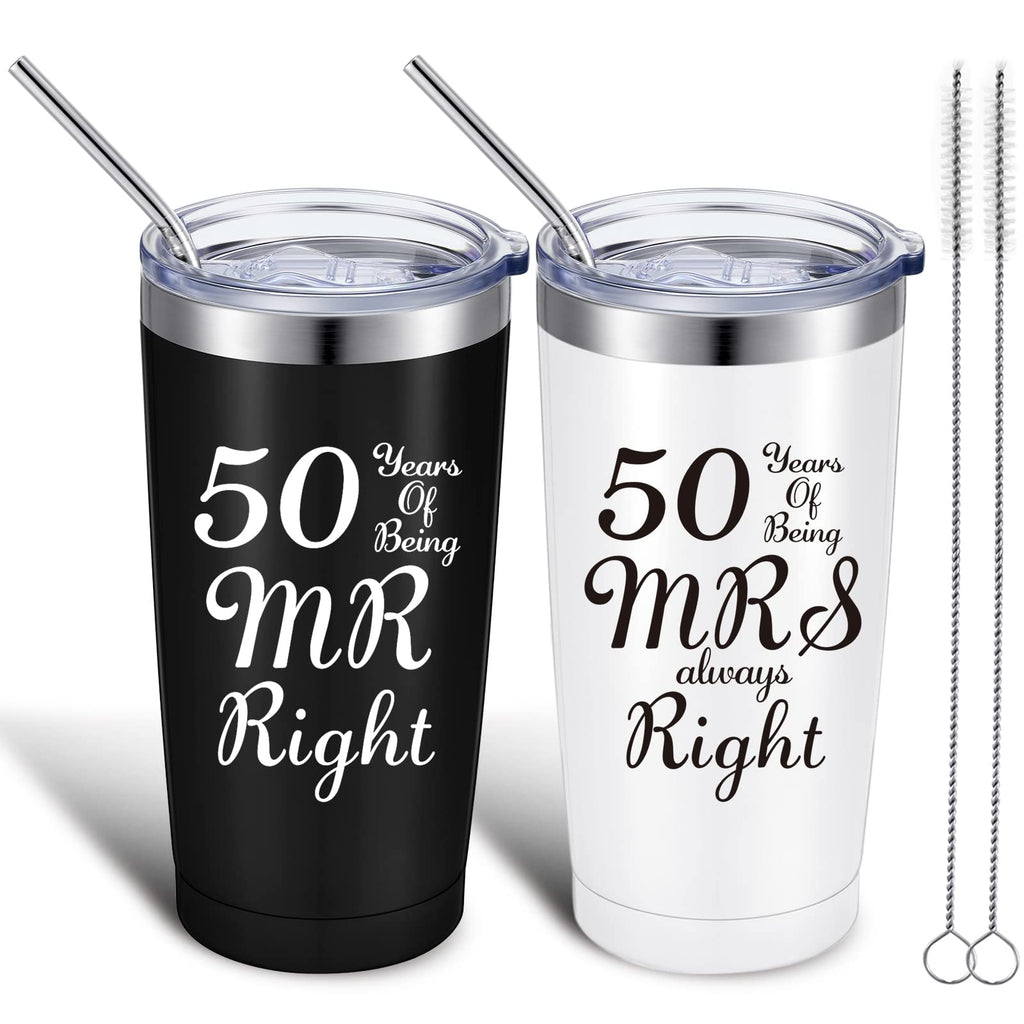 [Australia - AusPower] - 2 Pieces 50th Wedding Anniversary Coffee Mug, 50 Years of Being MR/MRS Always Right Gifts Set for Grandparents Couple, 20 oz Mug Tumbler with Lids and Gift Box (Black, White) Golden 
