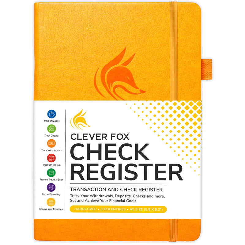 [Australia - AusPower] - Clever Fox Check Register – Deluxe Checkbook Log with Check & Transaction Registers, Bank Account Register Booklets for Personal and Work Use, A5 Hardcover - Yellow A5 (5.8'' x 8.3'') 