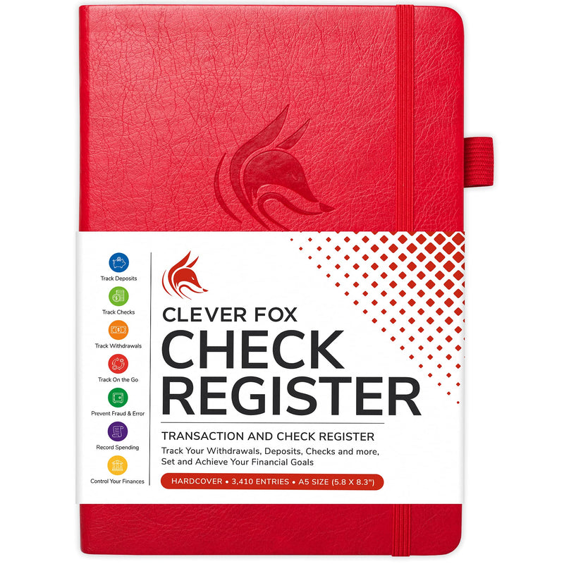 [Australia - AusPower] - Clever Fox Check Register – Deluxe Checkbook Log with Check & Transaction Registers, Bank Account Register Booklets for Personal and Work Use, A5 Hardcover - Red A5 (5.8'' x 8.3'') 